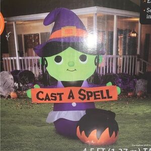 New Witch Holding A Sign Scene 4.5 Foot Tall Halloween Inflatable Cast A Spell
